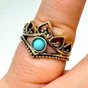 Boho Witchy Silver Faux Turquoise Evil Eye Crown Ring NEW